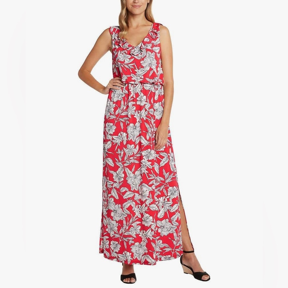 Matty M medium red floral knit Sleeveless Side Slits Ruffle Front‎ Maxi Dress